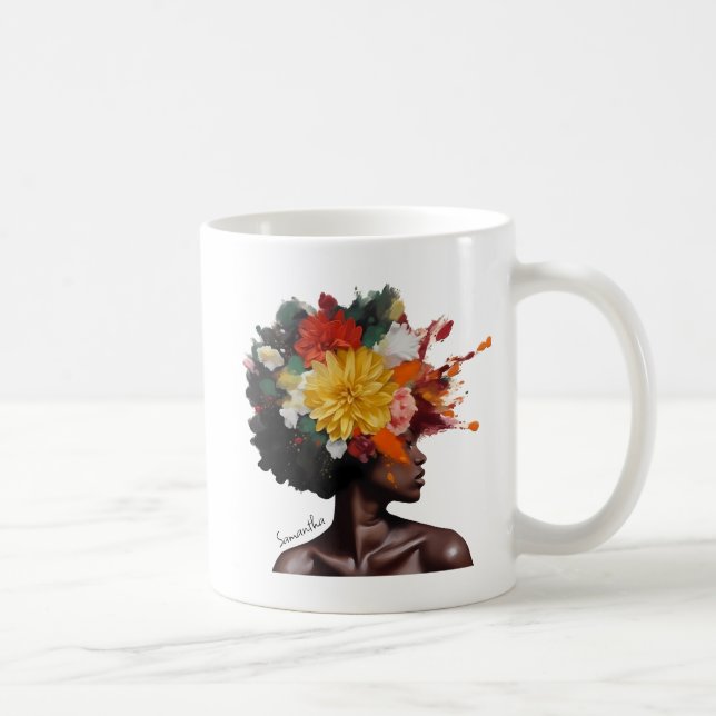Mug Femme afro-américaine aux cheveux noirs floraux (2 (Droite)