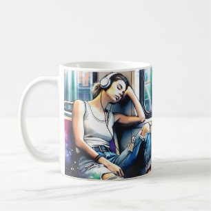 Mug Femme dormant dans le métro en écoutant de la musi