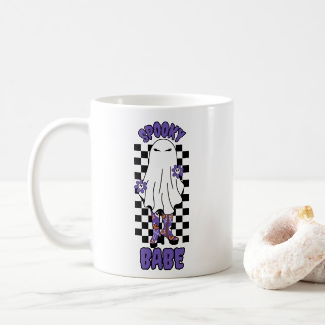 Mug Femme "Éffrayant Babe" Halloween Ghost Retro Purpl (Avec donut)