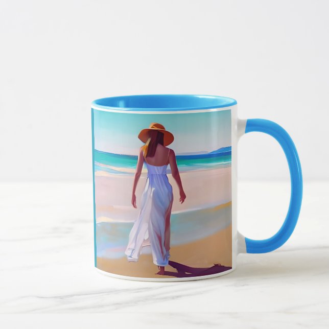 Mug Femme en blanc sur la plage (Droite)
