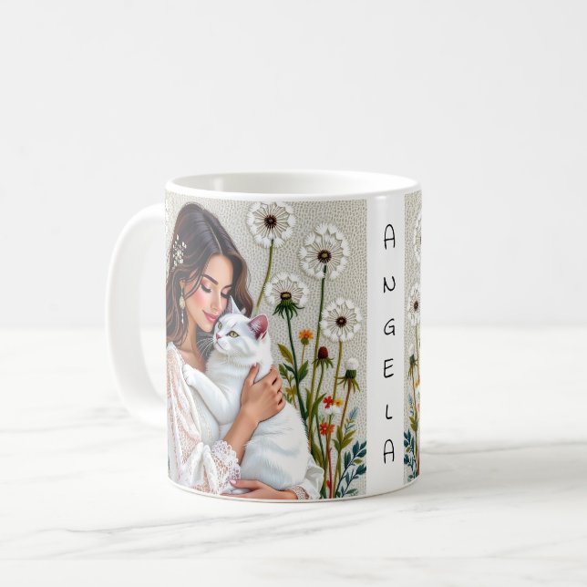 Mug Femme et chat blanc et pissenlits  (Devant gauche)