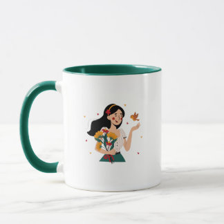 Mug Femme joyeuse avec boug d'oiseaux et de fleurs