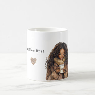 Mug Femme Marron Crème Cœur Grains de Café