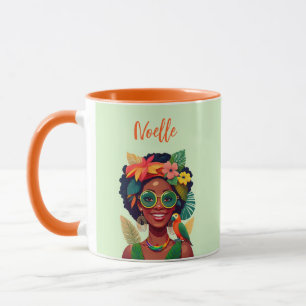 Mug Femme noire, fleurs tropicales et perroquet