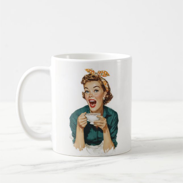 Mug Femme Rétro Joyeuse Buvant du Café (Gauche)