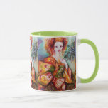 MUG FEMME ROMANTIQUE AVEC PEACOCK FEACOCK<br><div class="desc">Peinture contemporaine originale aquarelle avec feuille d'or et couleurs irisées en vert clair, orange jaune, turquoise, turquase, blanc.Elégante, belle femme brune sophistiquée, rouge, vert brillant d'or tissus d'un costume baroque avec plumes paon.Peinture de Bulgan Lumini (c).Cette carte cool et artistique est parfaite pour les mariages, douches nuptiales, 16, fêtes d'anniversaire...</div>