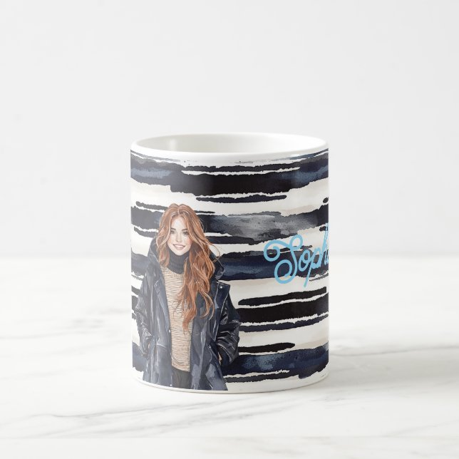 Mug Femme rousse rayures bleues  (Centre)