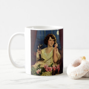 Mug Femme vintage parlant au téléphone Fleurs de rose