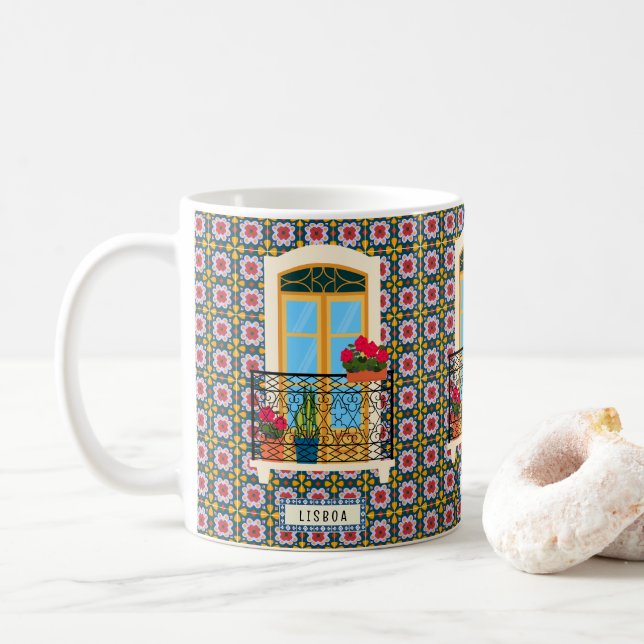 Mug Fenêtre de la maison de Lisbonne avec plantes et c (Avec donut)