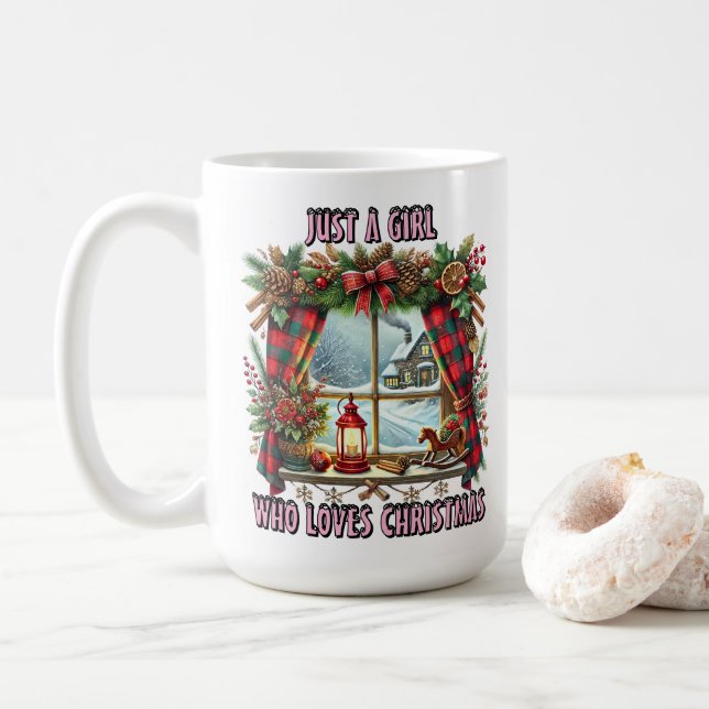 Mug Fenêtre de Noël avec décorations festives et neige (Avec donut)
