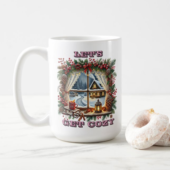 Mug Fenêtre de Noël festive avec décorations cosy (Avec donut)