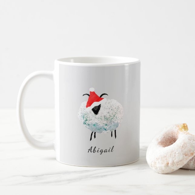Mug Ferme de santa moutons gris rustique aquarelle (Avec donut)