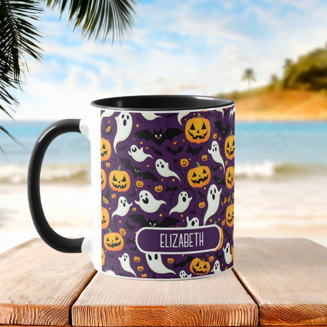 Mug Ferme Halloween chauves-Citrouille Motif violet (Farmhouse Halloween Bats Pumpkin Pattern Purple Mug)