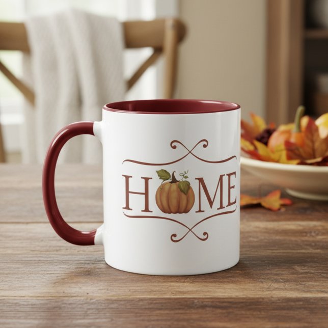 Mug Ferme moderne "Accueil" Automne cosy (HOME rustic coffee mug with a pumpkin for the O in HOME.)