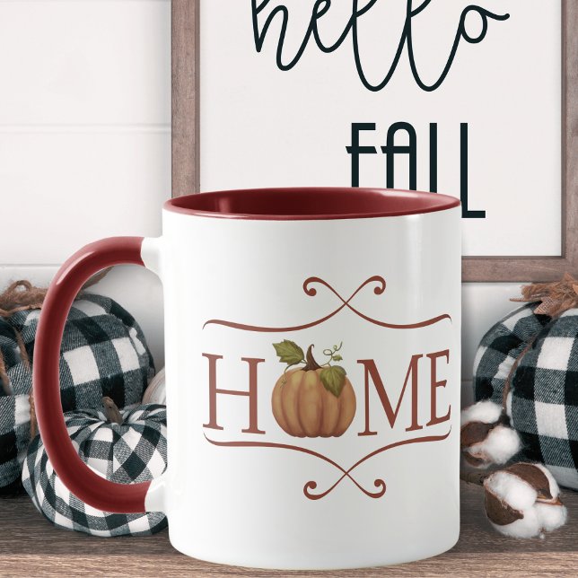Mug Ferme moderne "Accueil" Automne cosy (HOME rustic coffee mug with a pumpkin for the O in HOME.)