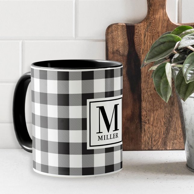Mug Ferme Moderne Vérifié Noir Buffle Monogrammé (Créateur téléchargé)