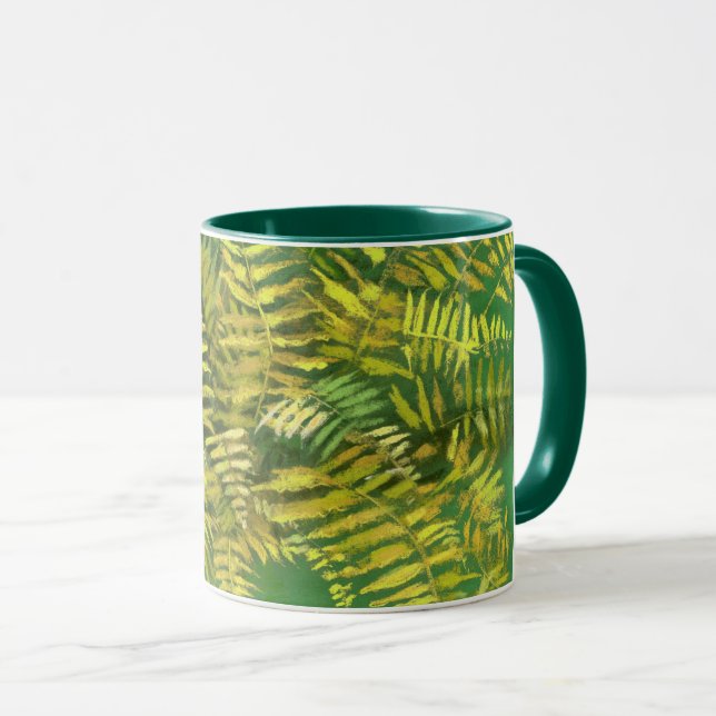 Mug Ferne, frondes, fleuris, vert jaune doré vert (Devant droit)