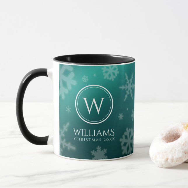 Mug Festif Blue Foil Snowflakes Monogramme Nom (Avec donut)