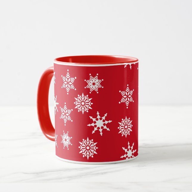 Mug Festif de Noël Rouge & Blanc Snowflakes Étoiles (Devant gauche)