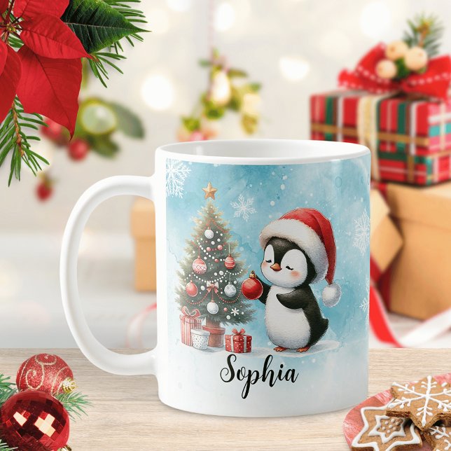 Mug Festif personnalisé Rouge et Bleu mignon Penguin N (Créateur téléchargé)