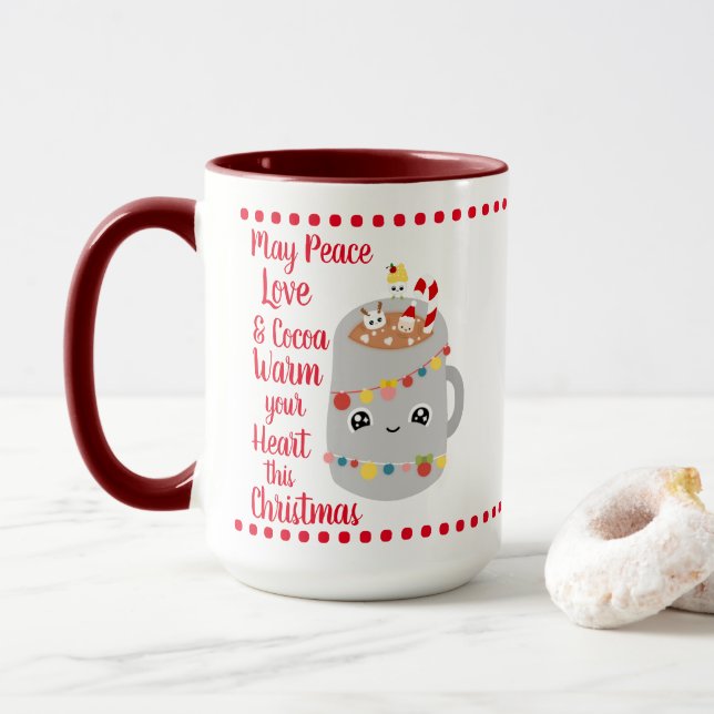 Mug Festif Rouge Kawaii Peace Love Cocoa Joyeux Noël (Avec donut)