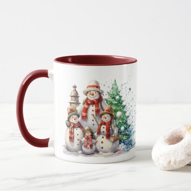 Mug Festin Noël bonhomme de neige famille ajouter mono (Avec donut)