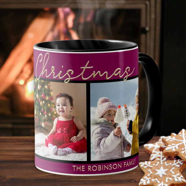 Mug Festive Bourgogne Joyeux Noël 3 Photos Collage (An elegant mug with Merry Christmas greeting, to customize with 3 favorite photos and your name(s))
