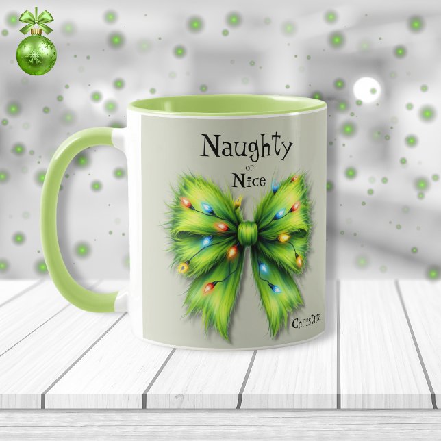 Mug Festive Green Furry Bow-Lights Naughty ou Nice (Créateur téléchargé)