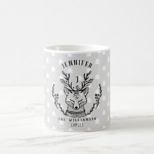 Mug Festive Holiday Wood Fox Etching Famille Monogramm