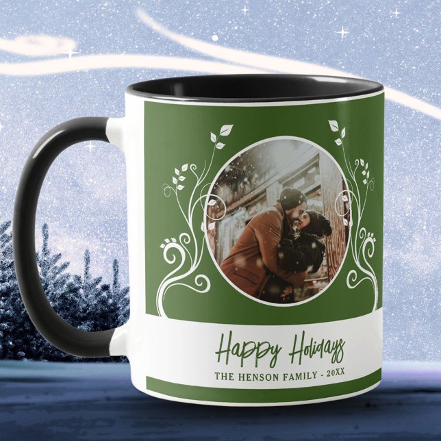 Mug Festive Joyeuses Vacances Foliage Vert Famille Pho (Créateur téléchargé)