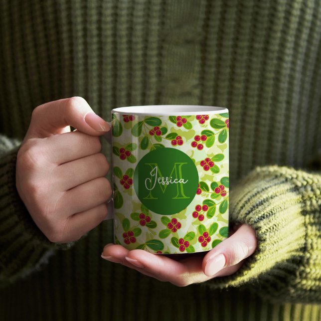 Mug Festive Motif de fruits de canneberge, vert (Festive Cranberry Monogram Mug)