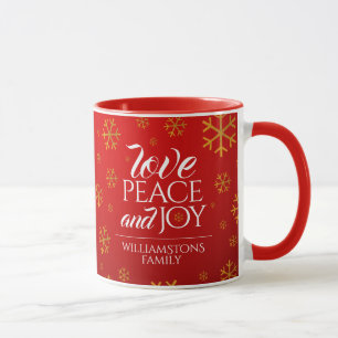 Mug Festive Red Love, Peace and Joy with Snowflakes