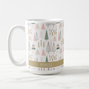 Mug Festive rose minimaliste Arbres de Noël Nom