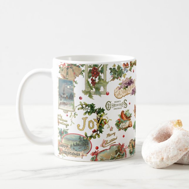 Mug Festive Vintage Noël Salutations Collage-Blanc (Avec donut)