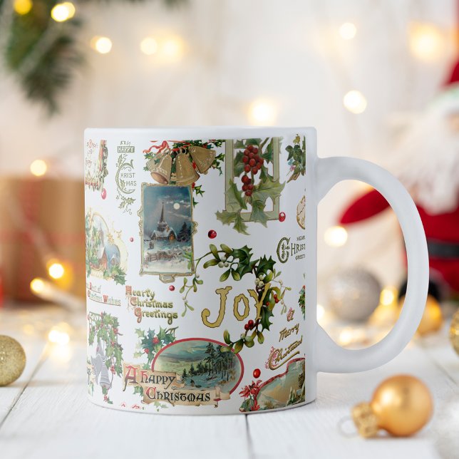 Mug Festive Vintage Noël Salutations Collage-Blanc (Créateur téléchargé)