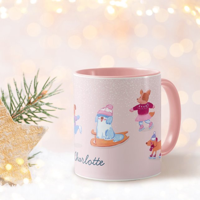 Mug Festive Winter Cute Ice Skating  Dogs Name (Créateur téléchargé)