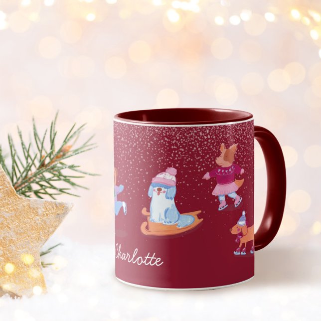 Mug Festive Winter Cute Ice Skating  Dogs Red Name (Créateur téléchargé)