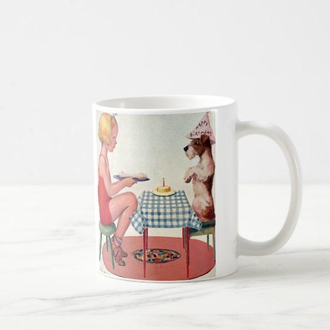 Mug Fête d'anniversaire vintage, Fille avec chien chio (Droite)