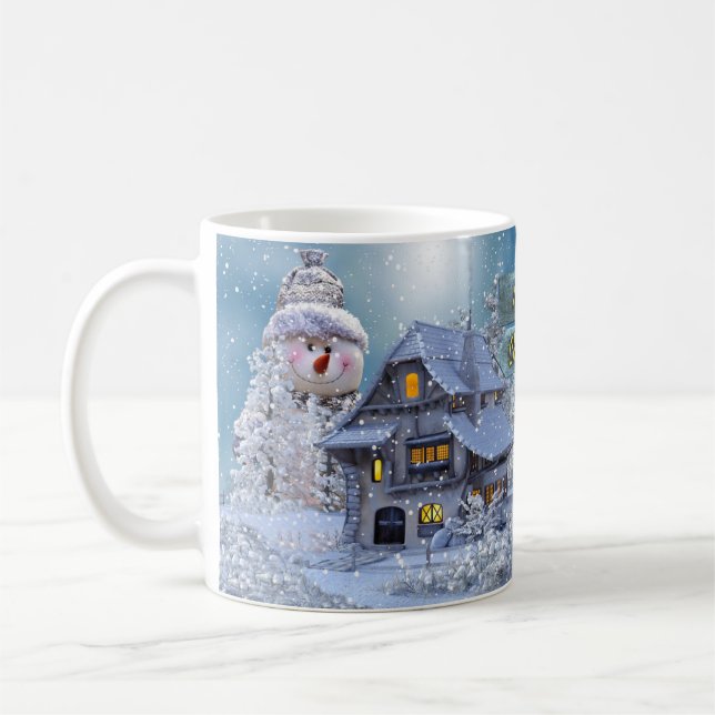 Mug Fête de Noël Hiver Blanc Snowman Bleu Russe (Gauche)