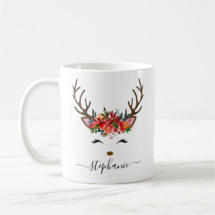 Mug Fête de Noël Reindeer Floral Personnalisé