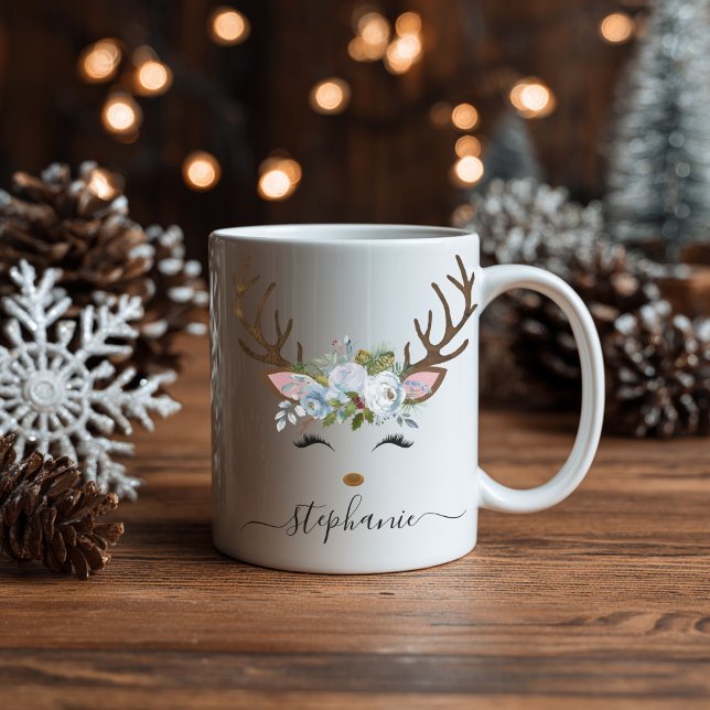 Mug Fête de Noël Reindeer Floral Personnalisé (Personalized Christmas Reindeer Holiday Floral Coffee Mug)