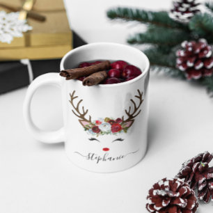 Mug Fête de Noël Reindeer Floral Personnalisé