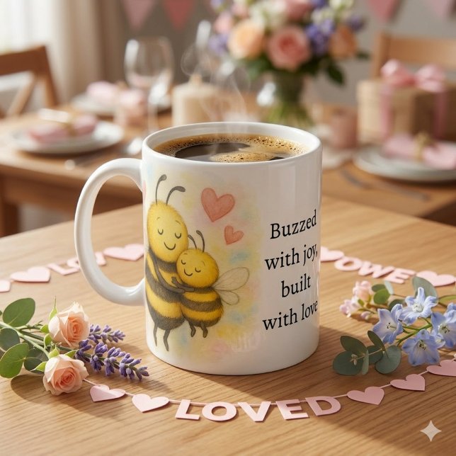 Mug Fête des Mères Bee & Baby Café (Cute Mom bee & baby bee coffee mug template. A thoughtful  Mother's Day Gift)