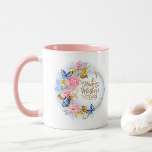 Mug Fête des Mères élégante Rose rose et Papillon bleu