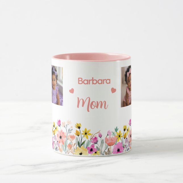 Mug Fête des Mères Florale avec Nom 4 Photos (Centre)