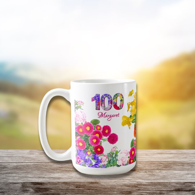 Mug Fête du 100e anniversaire Fleurs florales Moderne  (Créateur téléchargé)