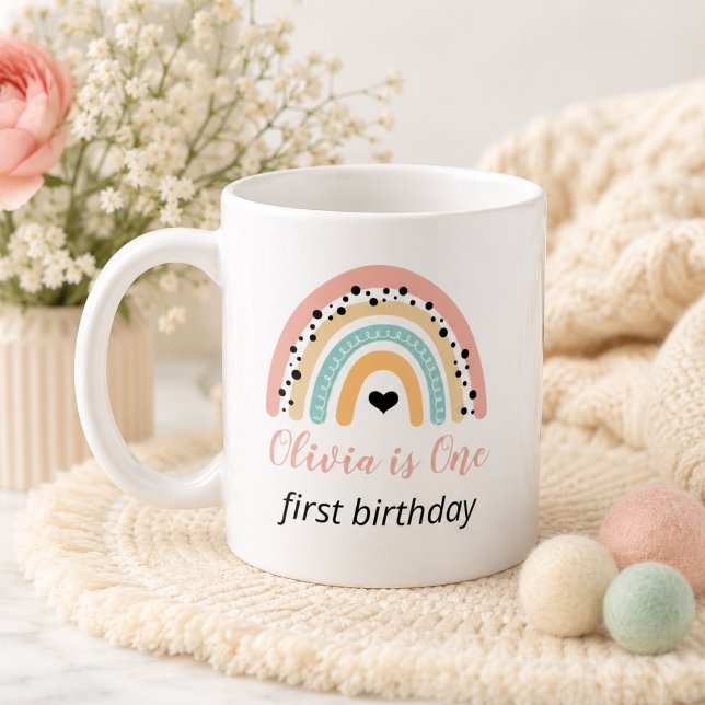 Mug Fête du 1er anniversaire Arc-en-ciel & Cœurs (Rainbow & Hearts 1st Birthday Party Coffee Mug)