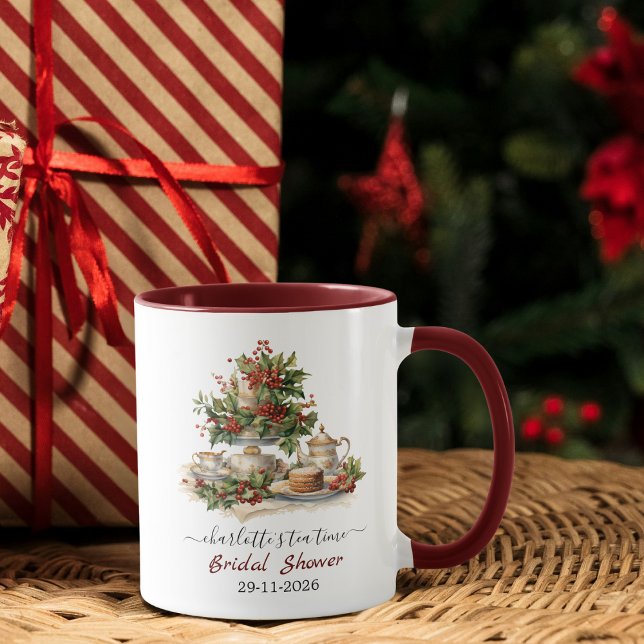 Mug Fête élégante de thé pour la douche de mariée de N (christmas bridal shower mug, tea party mug, holiday bridal shower favor, festive tea cup, holly  )