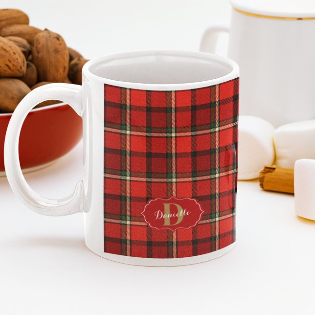 Mug Fête Rouge Noël Monogramme Plaid Noël (Red Festive Xmas Monogram Plaid Christmas Coffee Mug)