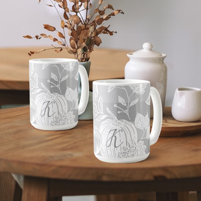 Mug Feuillage Automne Fleurs Automnes & Plaid Gris Cit (Fall Foliage Autumn Flowers & Pumpkins Grey Plaid Coffee Mug)